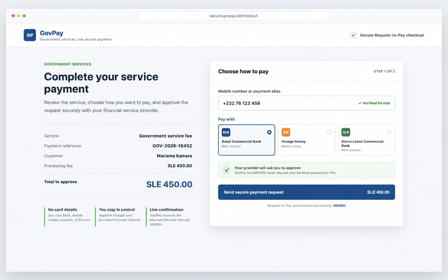 GovPay reference checkout showing a government service payment, payer alias, amount, and participating financial service choices