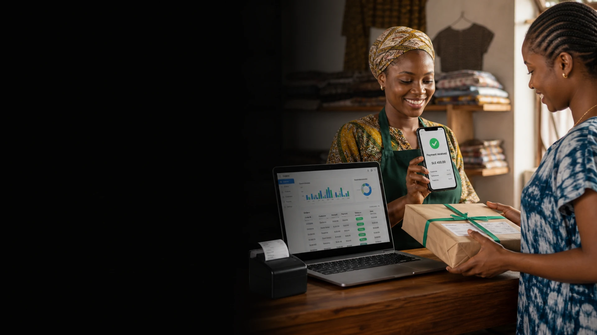 E-commerce business owner reviewing a mobile payment confirmation beside her online orders
